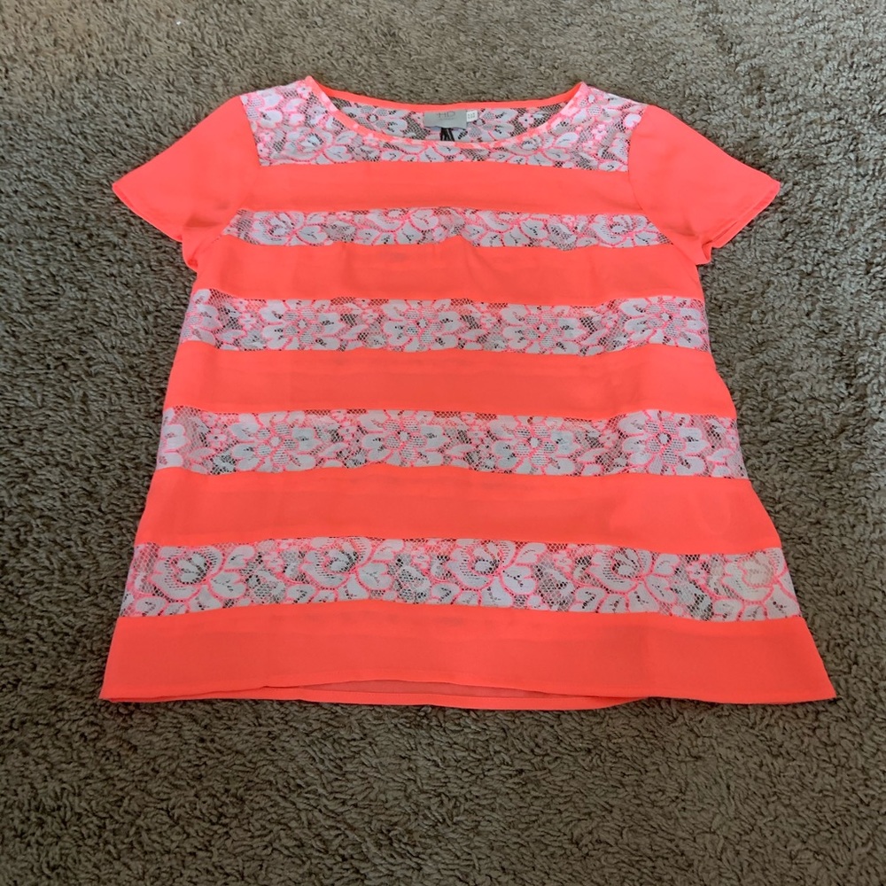 Anthropologie Neon Coral Lace Stripe Short Sleeve Top